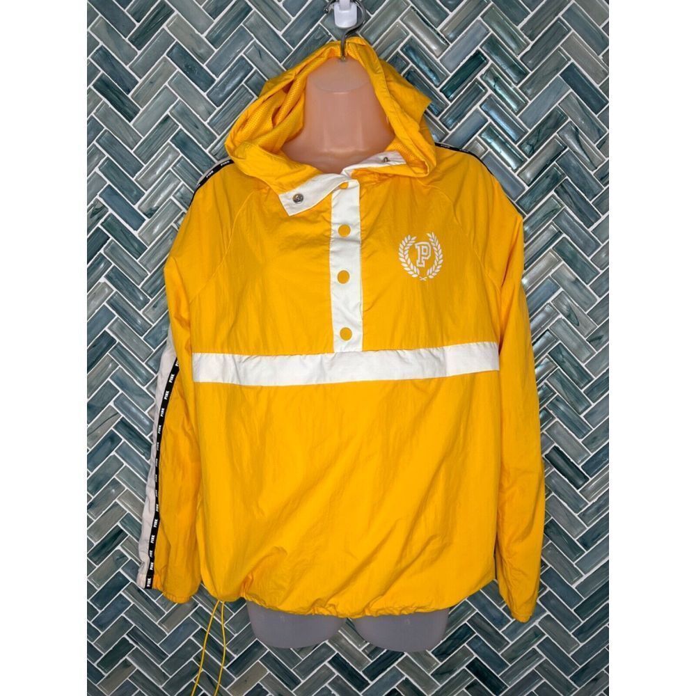 VICTORIA'S SECRET PINK‎ Gold Yellow 1/4 Snap Hooded Jacket Logo Windbreaker XS/S